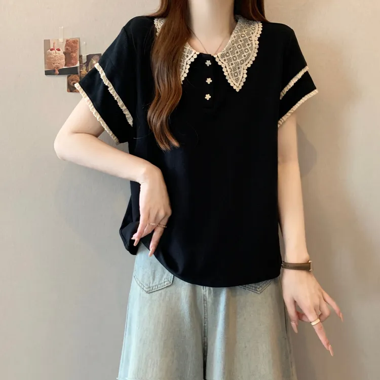 大码甜美学院风蕾丝领拼色短袖t恤女2025夏季上衣