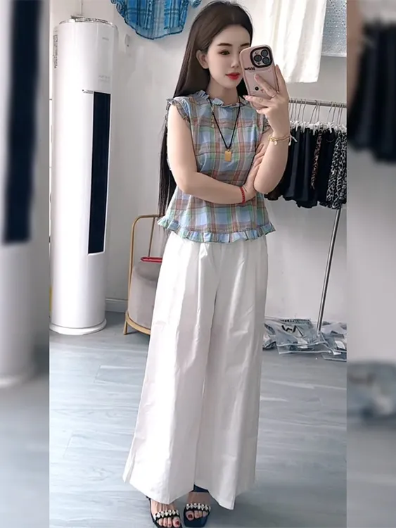 小个子休闲简约气质上衣女2025夏季新款复古百搭木耳边格纹背心女