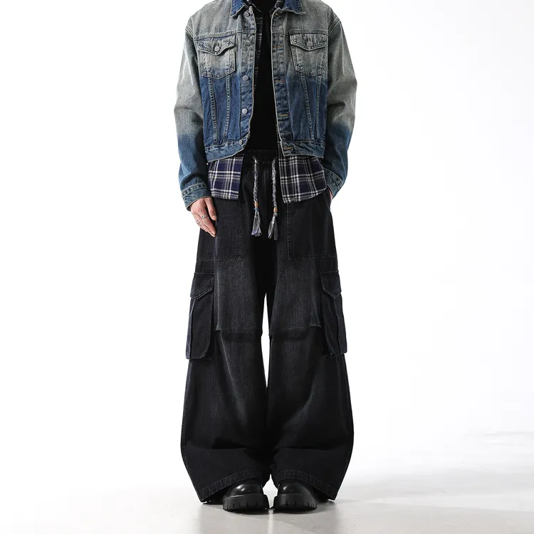 MONOLOGE秋季工装牛仔裤男潮牌宽松直筒设计感美式休闲水洗长裤子