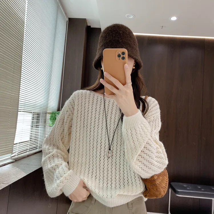 IMFLY金小金自制女装 针织衫DYW9789纯色秋季慵懒风镂空针织上衣