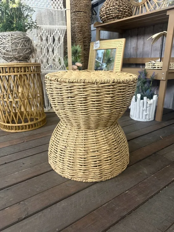 侘寂风原木茶几塑藤实木墩子创意沙漏形边几阳台家用民宿装饰摆件