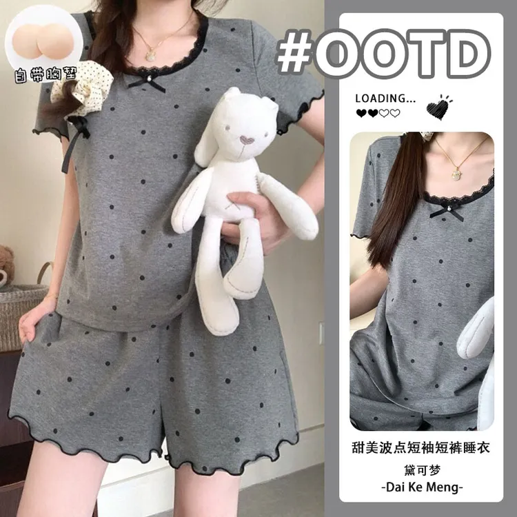 ins韩系甜美波点短袖短裤家居服套装女显瘦带胸垫可外穿家居服夏