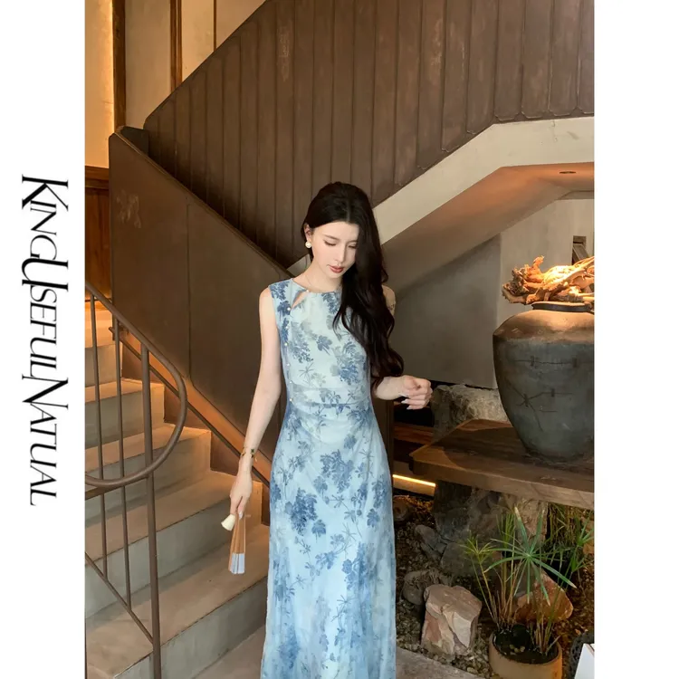 KUN【雾序江南】气质款 新中式水墨扎染丝绒烧花轻薄打褶设计连衣裙