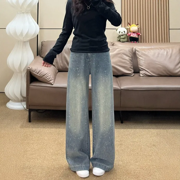 满天星烫钻阔腿牛仔裤女秋季新款大码胖mm高腰宽松显瘦直筒拖地裤