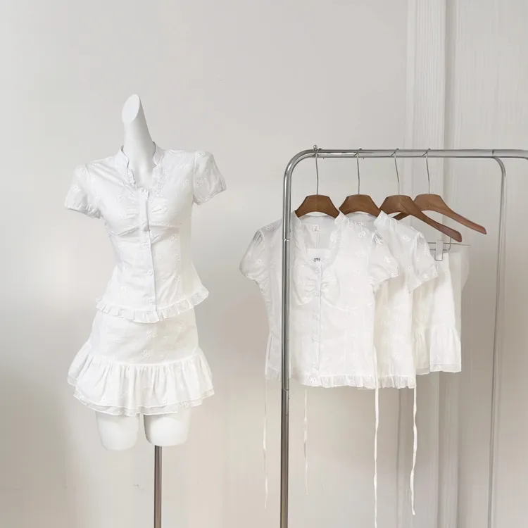 法式棉蕾镂空提花设计短袖上衣包臀半裙两件套