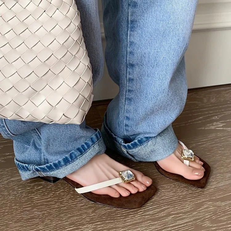 手工露趾水钻女粗跟2025新款小众设计感法式真皮一字带凉鞋女