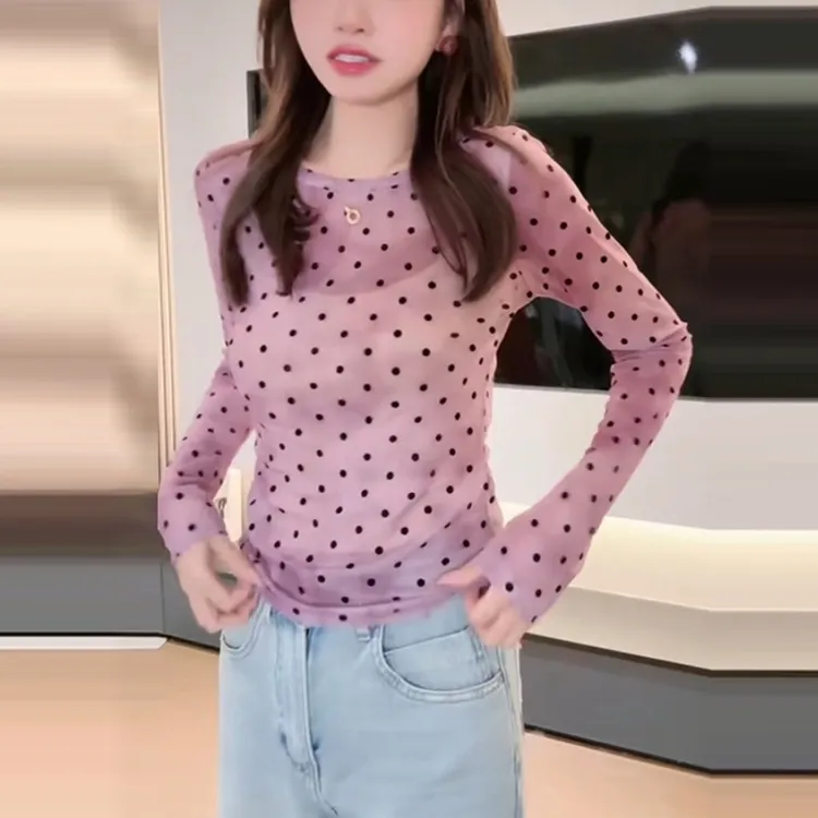 春季新款休闲女装洋气减龄波点圆领长袖打底衫薄款显瘦时髦上衣潮