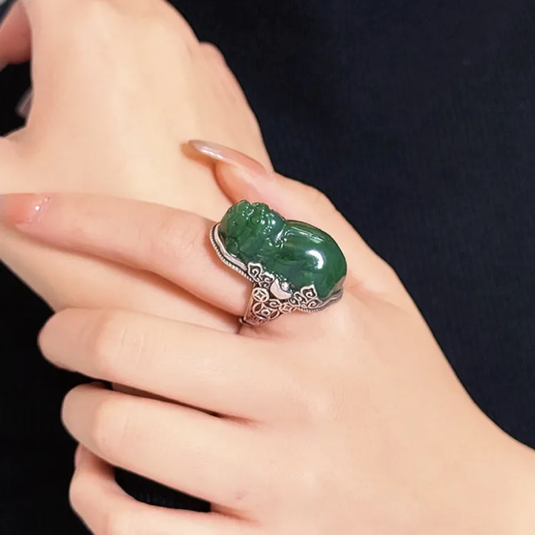 【招招貔貅】天然和田碧玉精美貔貅戒指s925银镶开口戒[00123]