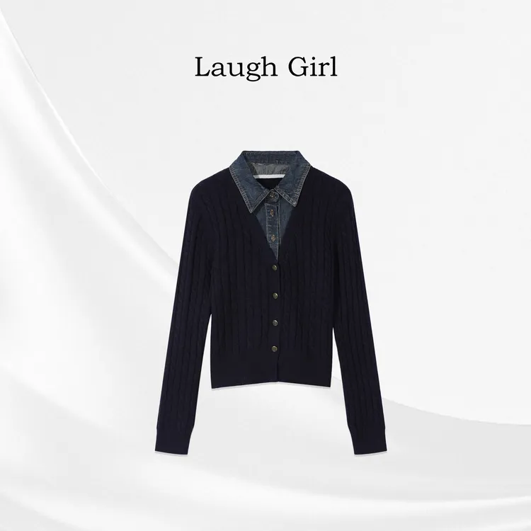 楚楚君 Laugh girl【知性欧尼】翻领款拼接假两件针织毛衣XL53920J