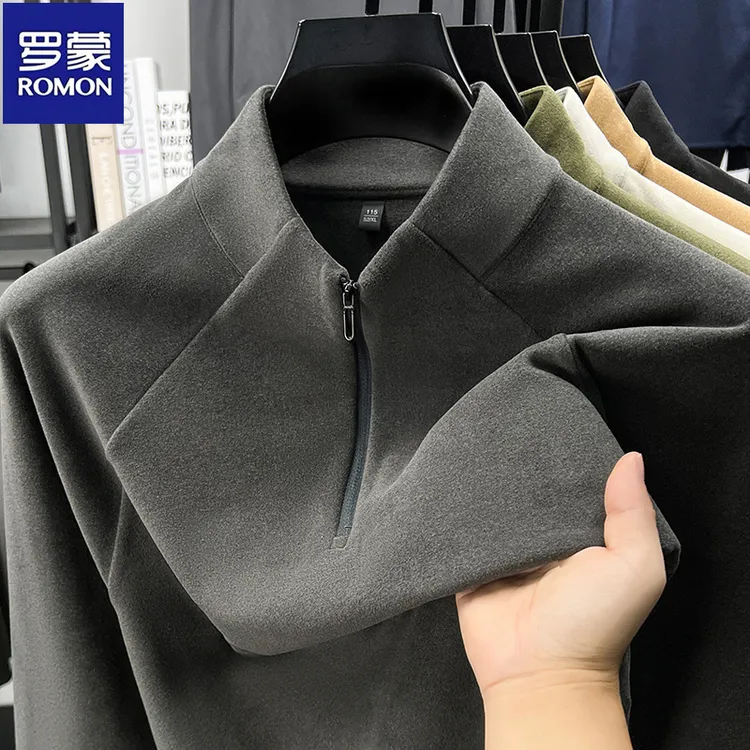 罗蒙秋冬新款男士德绒纯色半拉链立领套头卫衣休闲加厚打底衫T恤