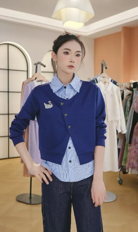 F假两件拼接衬衫女春秋新款衬衣时尚洋气卫衣大码打底上衣