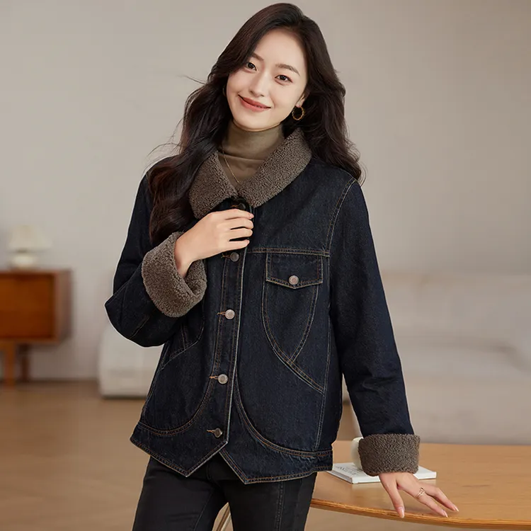 加绒牛仔外套女小个子秋冬2025新款羊羔绒派克服加厚保暖夹克上衣