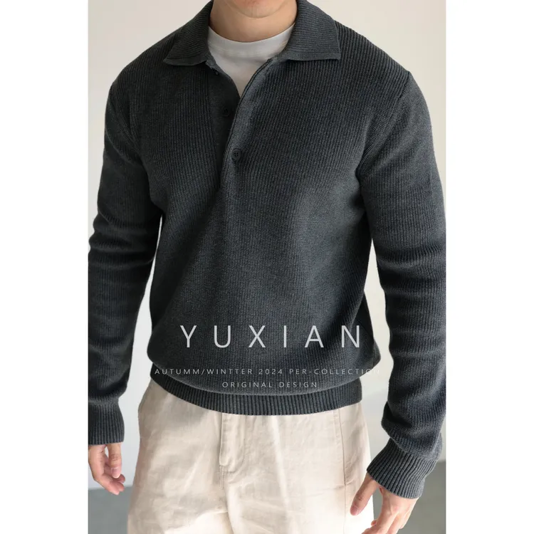 YUXIAN美式精梳棉复古翻领毛衣长袖针织衫休闲商务通勤男士秋冬季