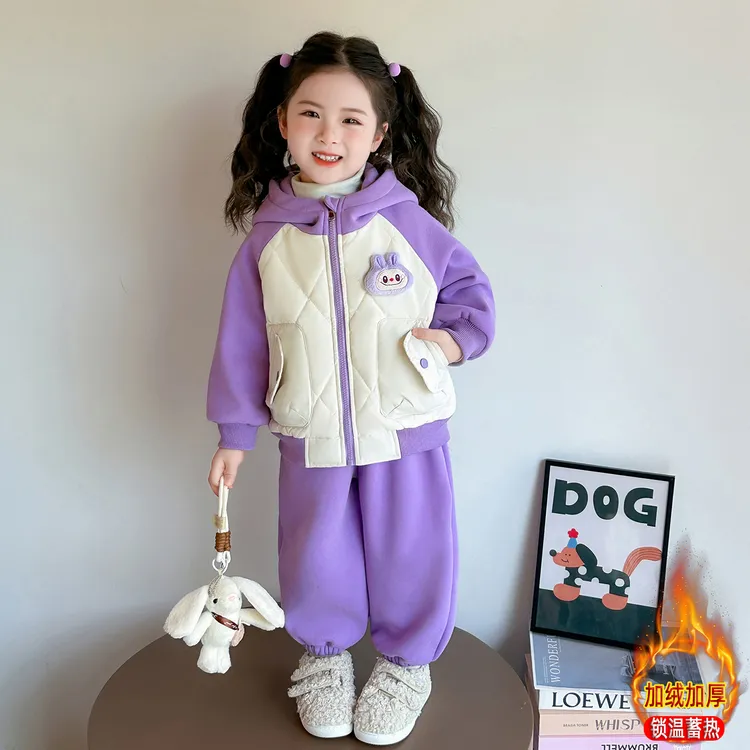 女童加绒套装2025秋冬装新款儿童加厚保暖航棉拼色棉衣两件套时尚