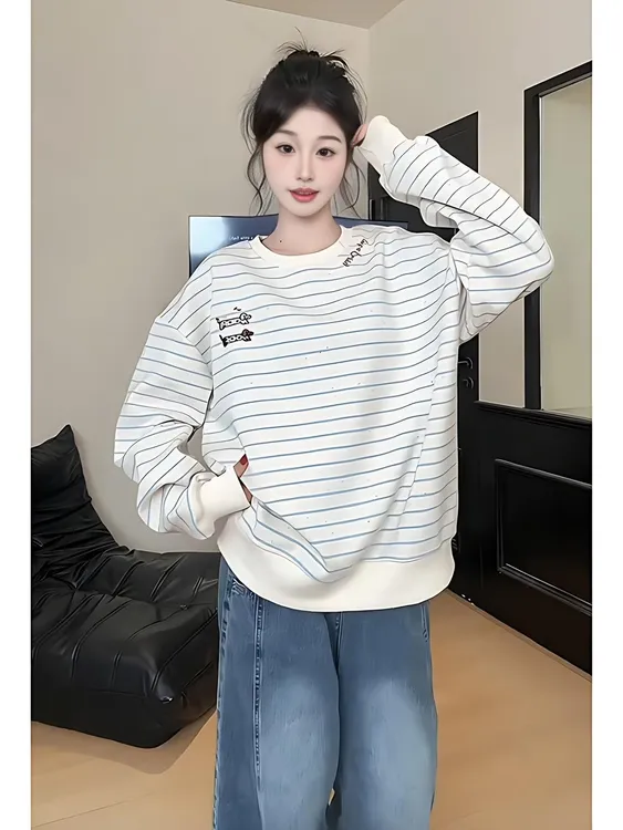 韩版小狗刺绣条纹圆领卫衣女春秋2025新款松慵懒风宽松长袖上衣潮