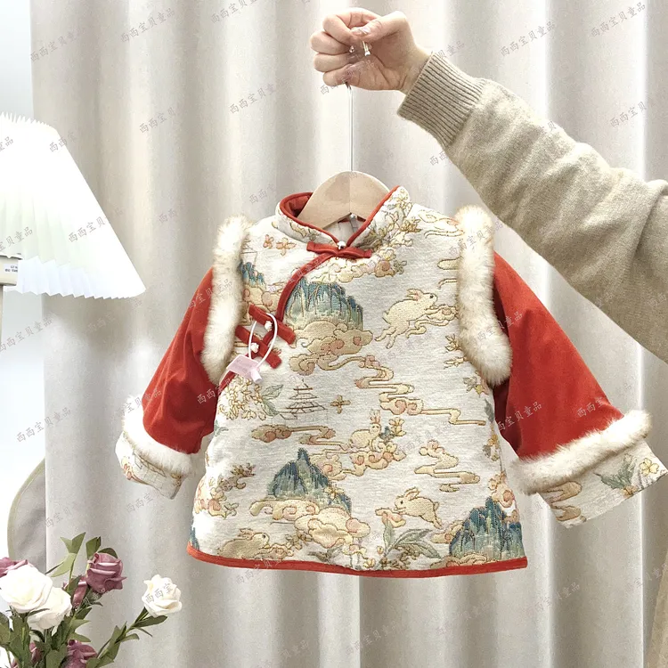 新中式套装女童汉服中国风冬季加厚拜年服儿童周岁礼服两件套