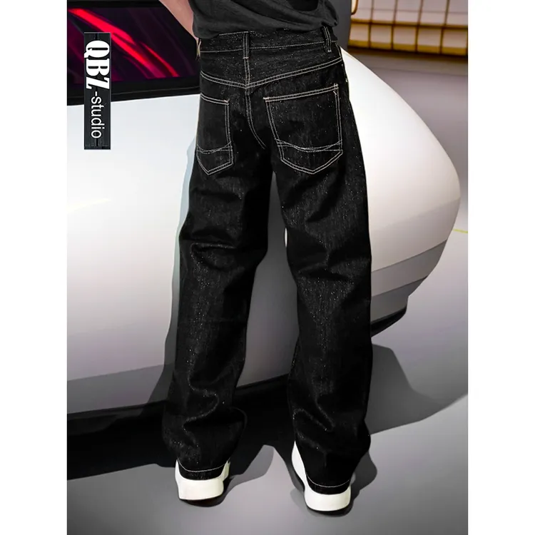 QB秋冬美式休闲潮牌闪亮黑色直筒牛仔裤男高级感明线设计长裤显瘦