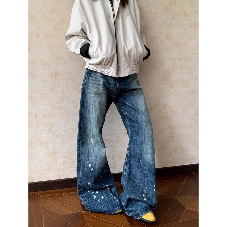 美式中腰水洗泼墨微喇叭牛仔裤男女cleanfit高级感宽松休闲裤子潮