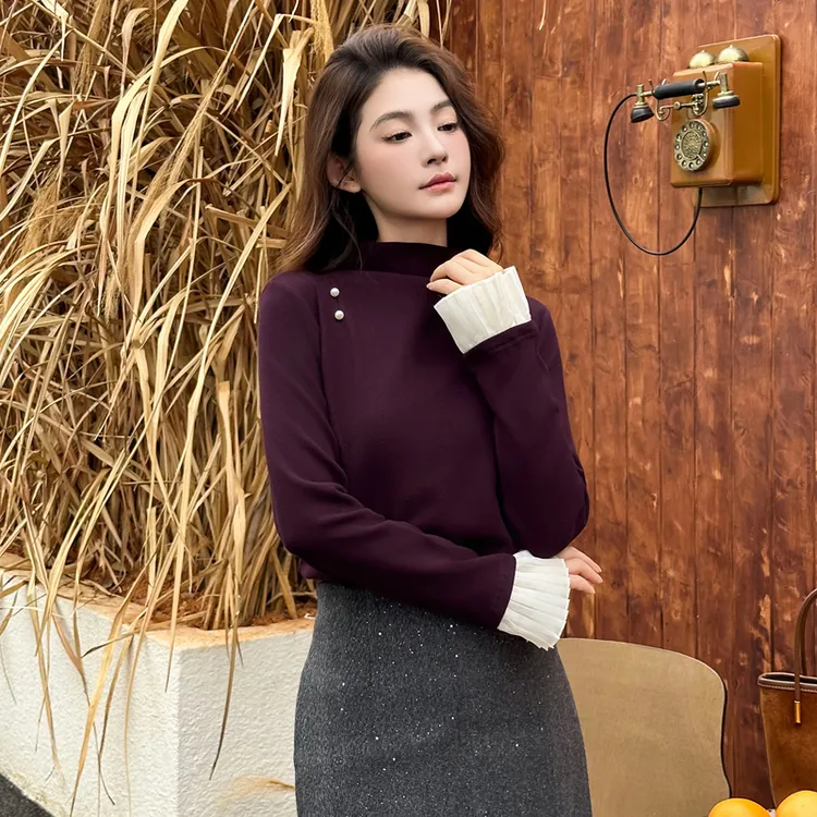 半高领立领长袖杂志风T恤抗皱防风纯色小众炸街高级感女装2530