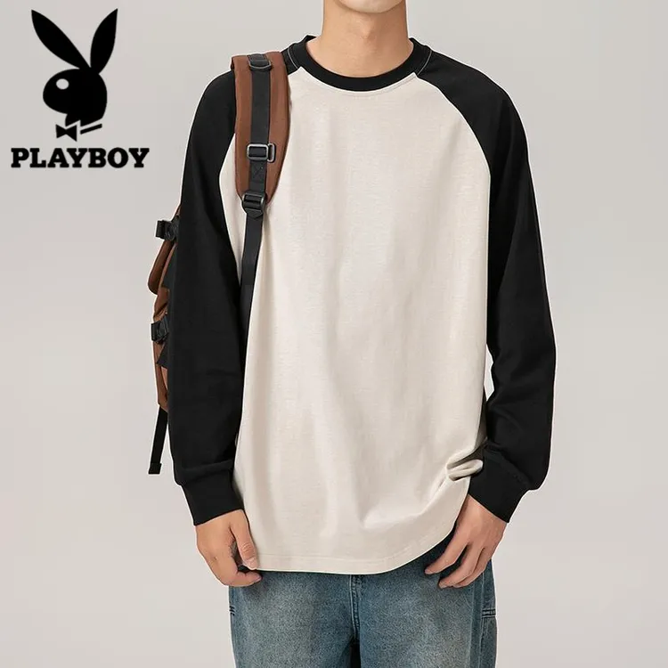 花花公子长袖t恤男士2025春秋季撞色拼接打底衫宽松圆领卫衣男装