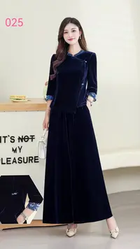 【T1853】新中式金丝绒套装女春秋新款妈妈装国风盘扣上衣阔腿裤