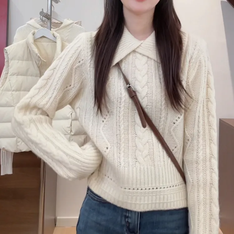 慵懒风韩版温柔设计感翻领麻花针织衫秋冬季百搭复古套头长袖毛衣