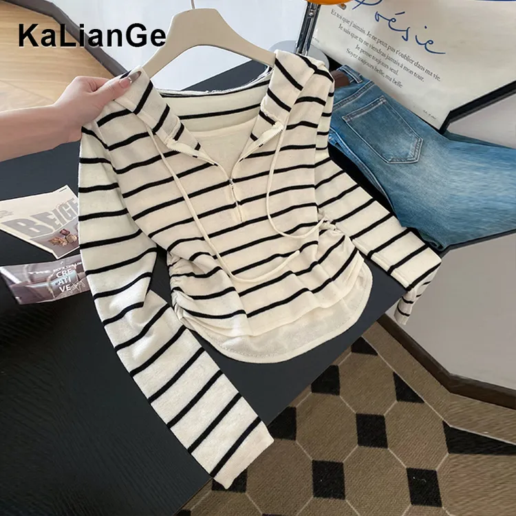 卡莲格/韩系假两件半拉链连帽T恤女秋季2025新款胖mm洋气显瘦上衣
