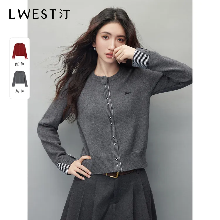 T朗文斯汀红色针织开衫女2025冬季新款假两件拼接设计感百搭上衣