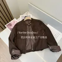 【Barbie Jingni】 7830 韩系气质复合格子麂皮绒短款外套小个子