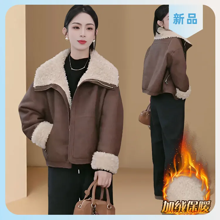 高级感翻领毛毛皮毛一体外套女2025秋冬季新款加绒加厚保暖上衣女