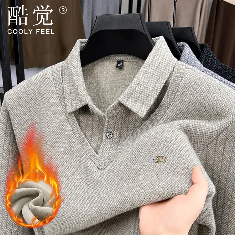 【抗起球系列】男士加绒假两件毛衣冬季翻领加厚保暖针织长袖打底衫