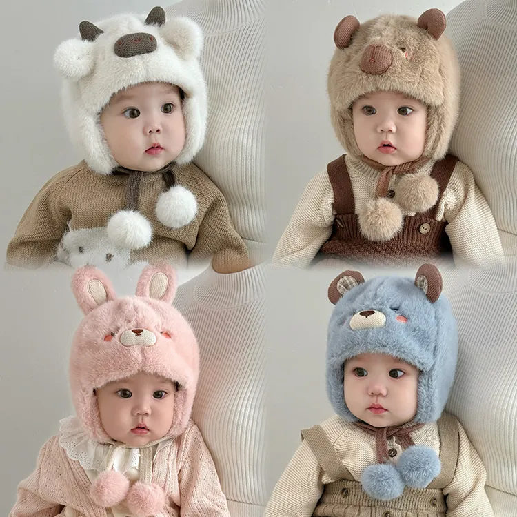 秋冬婴儿保暖帽可爱超萌婴幼儿加厚毛绒帽男童女宝宝外出护耳帽潮