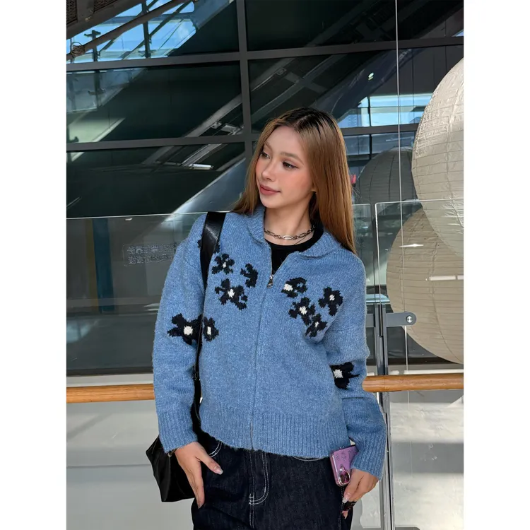 CC.CBL花朵提花翻领宽松蓝色开衫毛衣慵懒街头休闲百搭外套