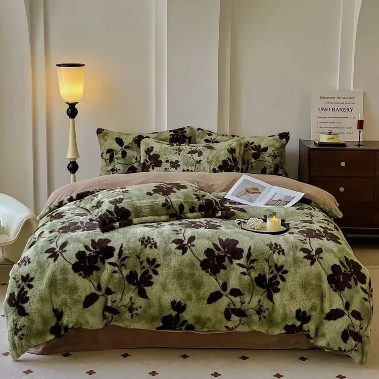 新款加厚冬季速热兔毛绒床品套件轻奢印花兔毛绒四件套柔软舒适