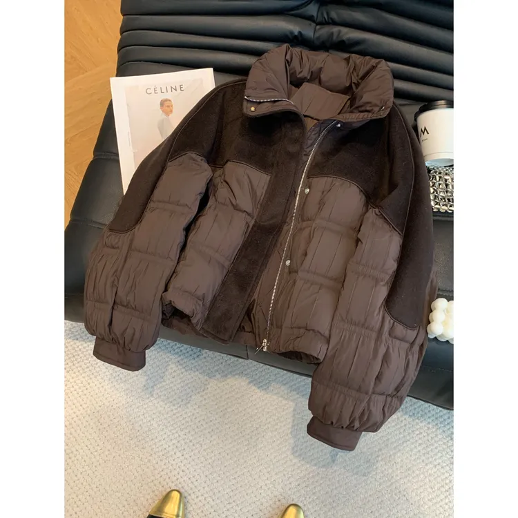 欧货立领毛呢拼接棉服女2025冬季新款时尚休闲宽松厚外套短款棉衣