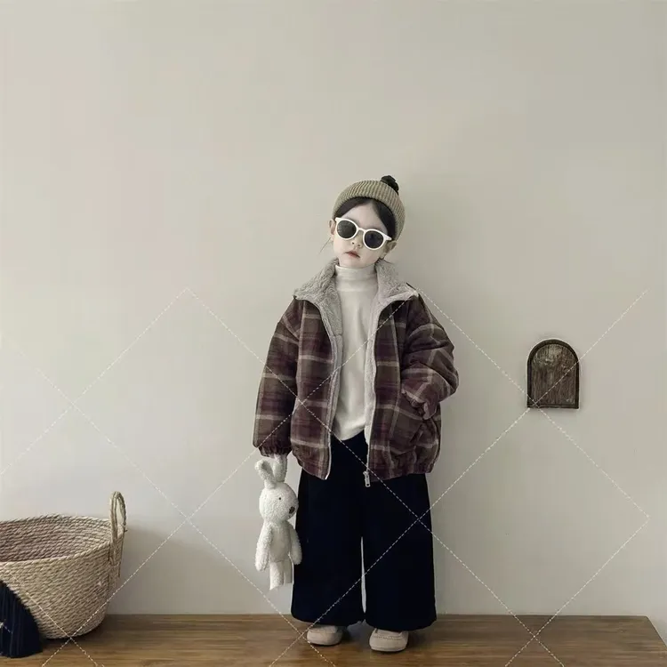 2025童装儿童复古森系加厚保暖格子棉服棉衣面包服男女童加厚绒