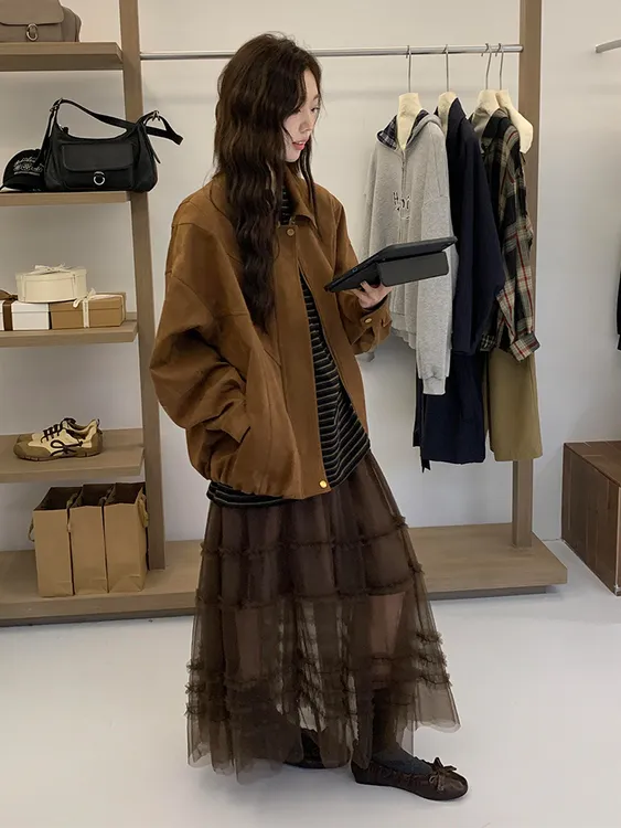 复古麂皮绒外套女秋季2025新款美式宽松休闲百搭盐系翻领夹克上衣
