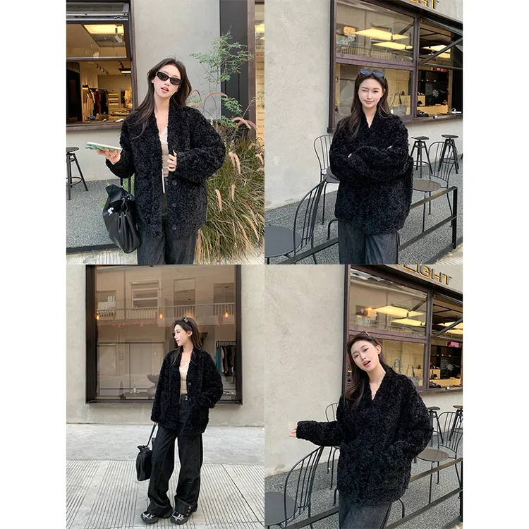 《V领泰迪》黑色毛毛外套女短款时尚皮毛一体宽松显瘦大衣慵懒风