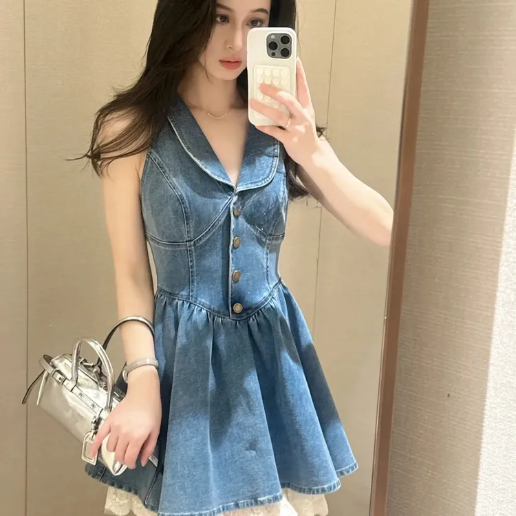 no退no换（盐系少女）牛仔背心连衣裙蕾丝绣花拼接收腰显瘦牛仔裙