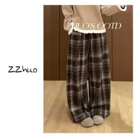 Core 原创【咖基米】冬季拼接加厚加绒保暖格子休闲裤显瘦弹力腰