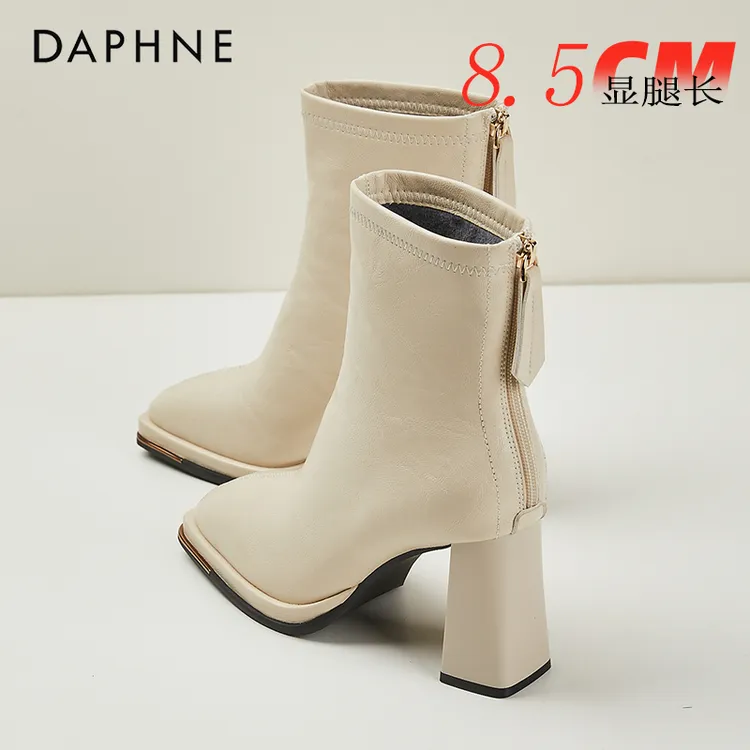 达芙妮8.5CM粗跟瘦瘦靴女2025年新款冬季加绒短靴高跟时装马丁靴
