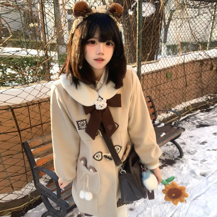 不眠岛原创【熊大熊二】牛角扣JK呢大衣秋冬加厚外套娃娃领可爱学生