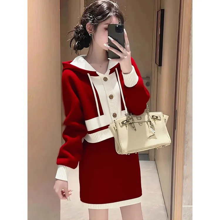 韩系气质百搭红色套装女秋冬2024新款设计感减龄显瘦上衣半身短裙