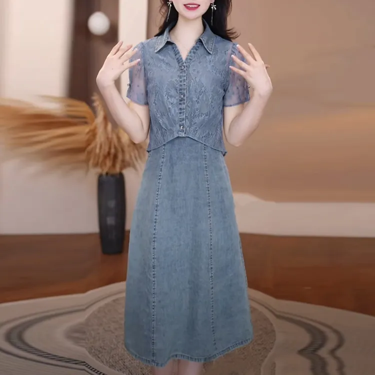 珍珠纱设计感牛仔短袖2025夏季新款时尚洋气显瘦法式复古连衣裙子