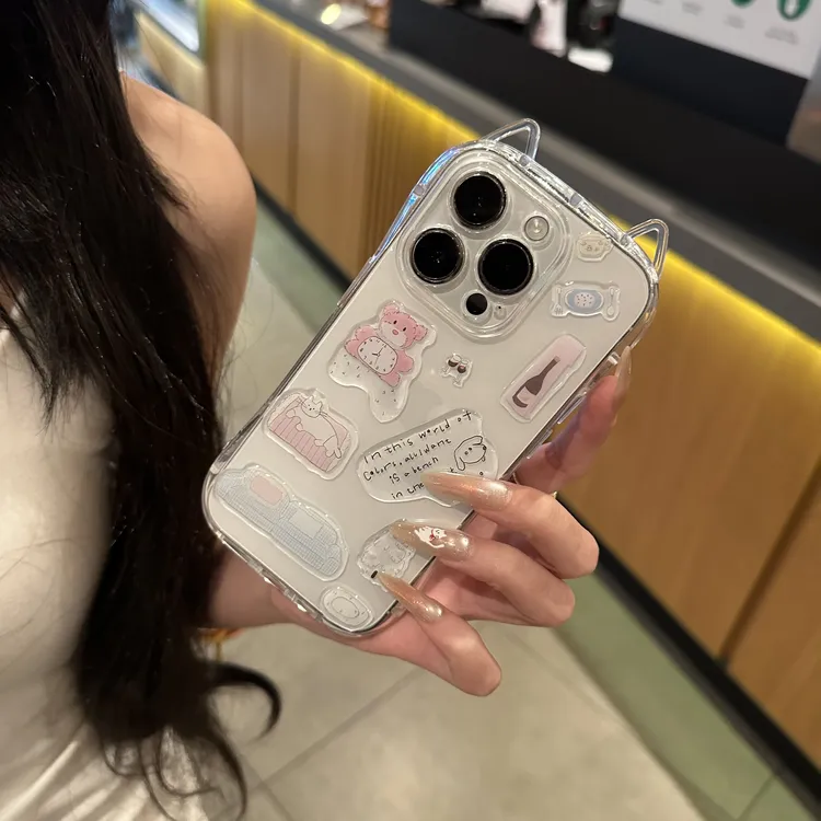 欧克里里粉熊贴纸适用苹果16/17promax猫耳朵14/15手机壳11/12/13
