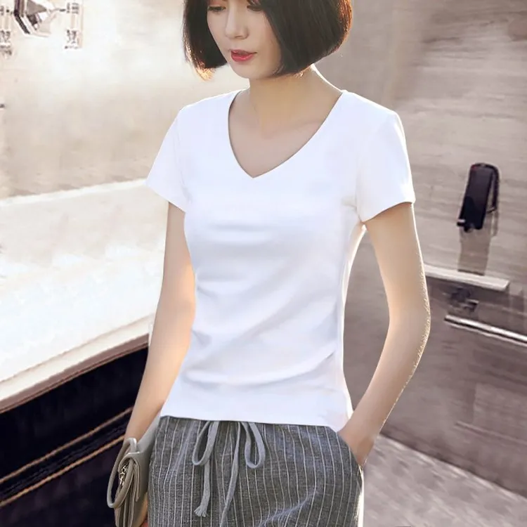 白色t恤女短袖v领修身女装2025新款ins潮夏装紧身棉体恤上衣服