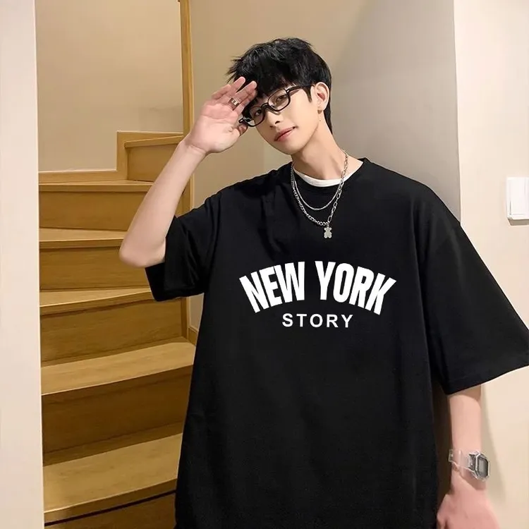 短袖半袖夏季ins英文印花男士T恤学生印花男士纯棉