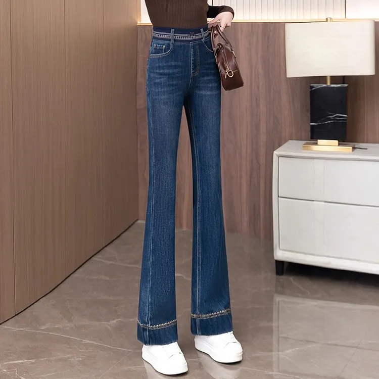 胖mm大码显瘦2025新款高腰冬季松紧腰小个子加绒牛仔裤女微喇叭裤