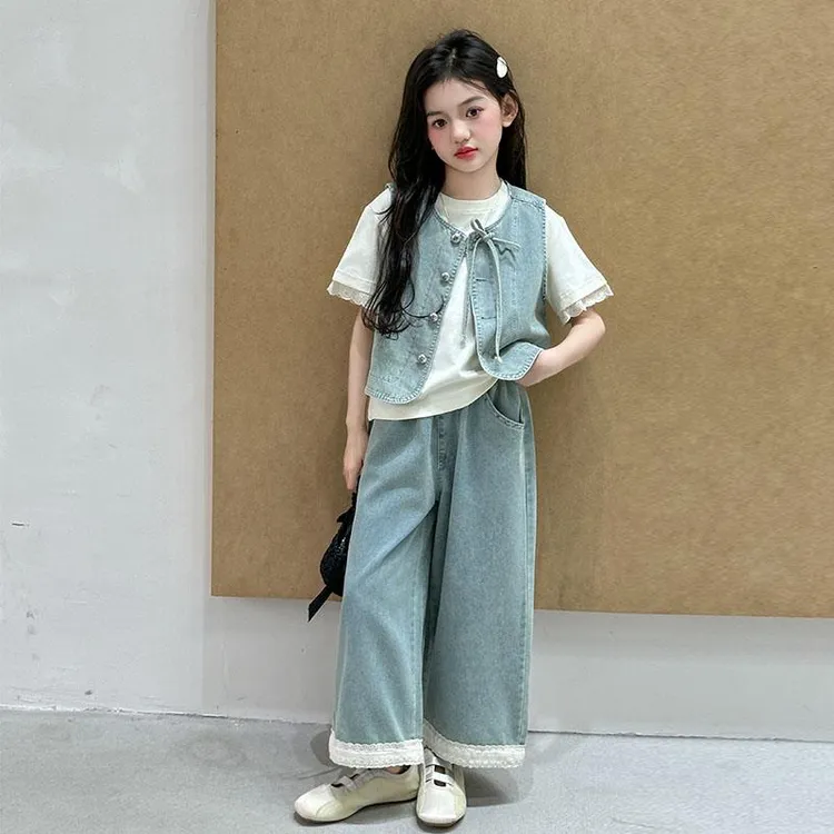 女童夏季套装2025新款儿童薄款洋气牛仔马甲 T恤阔腿裤三件套