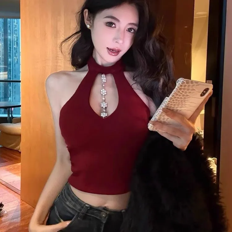 纯欲风镶钻镂空挂脖吊带背心女辣妹性感独特绝美抹胸短款露背上衣